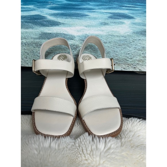 👟Vince Camuto Women White Pebbled Leather Gold Block Heel Buckle Sandals Size11 - Picture 3 of 10